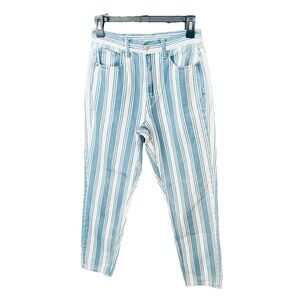 American Eagle Mom Jeans tapered leg high rise striped denim 2 blue white